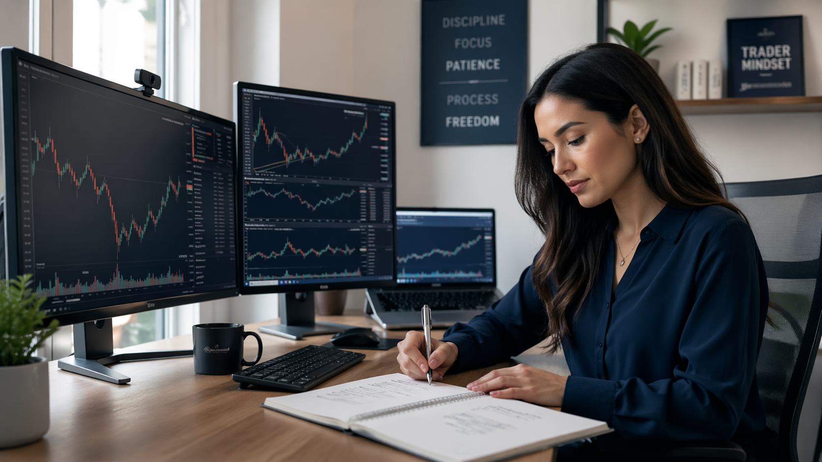 Premium trading desk scene showing a clean multi-screen setup and calm market-learning atmosphere